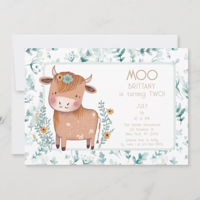 Cute Cow Boho Floral Second Birthday Invitation (Front)