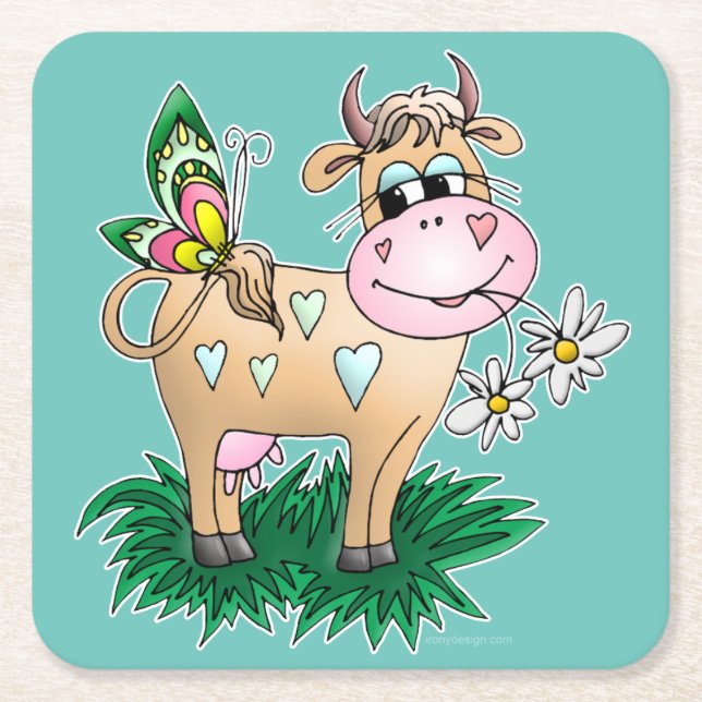 Cute Cow & Butterfly Square Paper Coaster (Front)