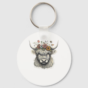 Cute Cow Calf Flowers Hand Illustration Farm Anima Keychain