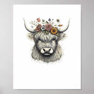 Cute Cow Calf Flowers Hand Illustration Farm Anima Poster