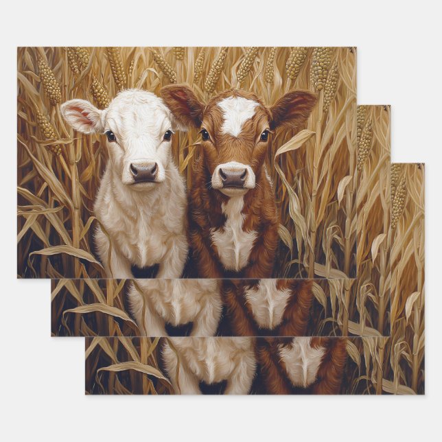 Cute Cow Calves Corn Field Decoupage Wrapping Paper Sheet (Set)