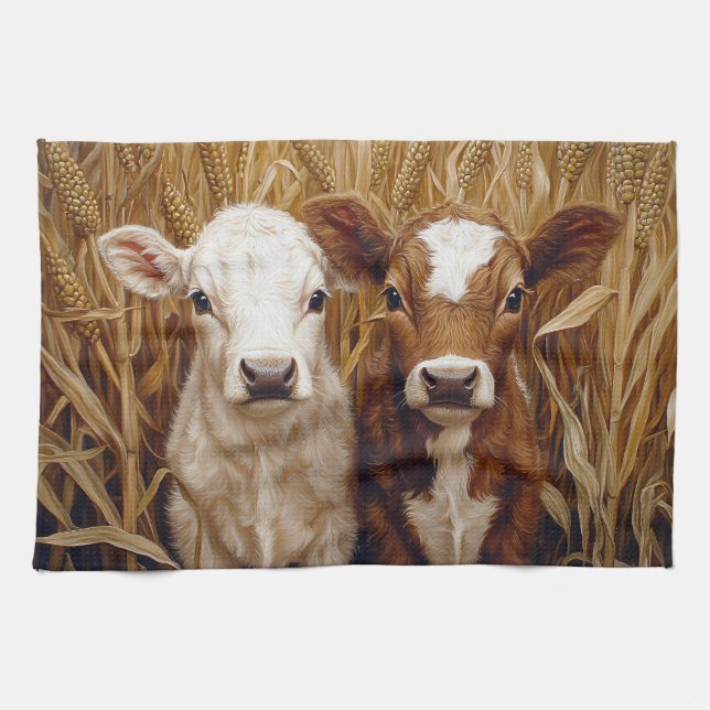 Cute Cow Calves Corn Field Kitchen Towel (Horizontal)