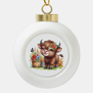 Cute Cow Ceramic Ball Christmas Ornament
