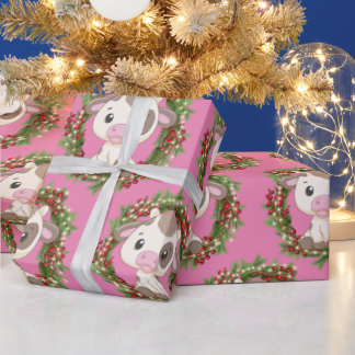Cute Cow Christmas wreath Wrapping Paper
