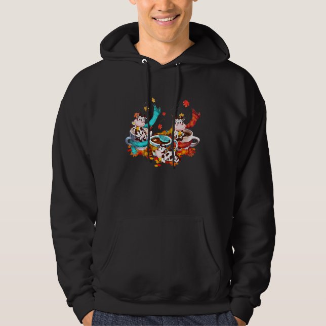 Cute Cow Fall Autumn Leaf And Coffee Cow Loves Hoodie (Front)
