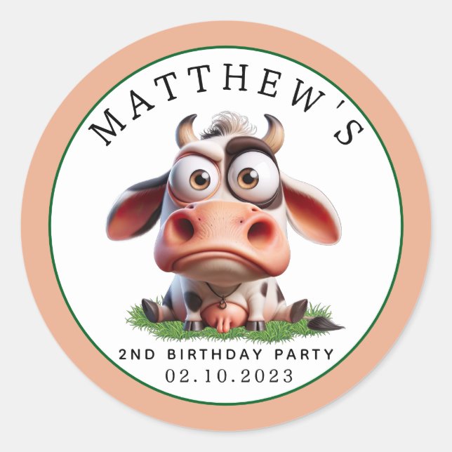 Cute Cow Farm Animals 2nd Birthday Party Classic Round Sticker (Front)