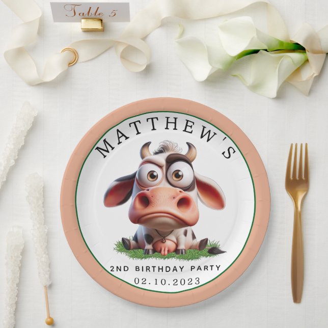 Cute Cow Farm Animals 2nd Birthday Party Paper Plate (Wedding)