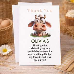 Cute Cow Farm Animals 2nd Birthday Party Thank You Card