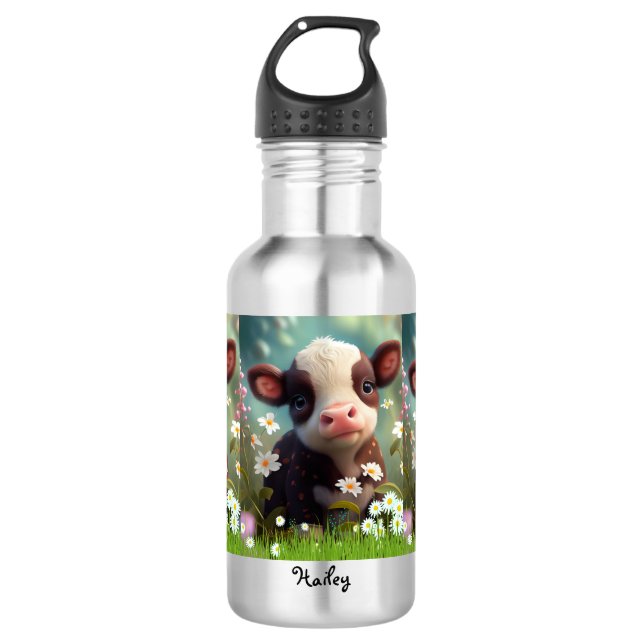 Cute Cow Floral Garden Personalized Name Kids 532 Ml Water Bottle (Front)