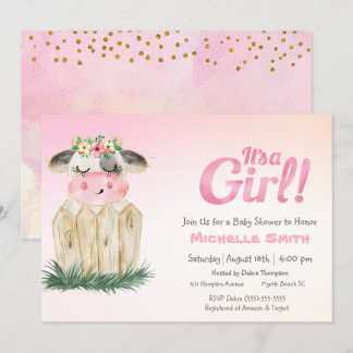 Cute Cow Floral Pink Gold  Invitation