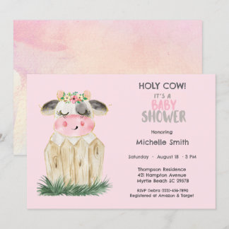 Cute Cow Floral Pink Gold  Invitation