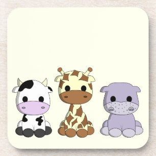 Cute cow giraffe hippo cartoon girl yellow coaster