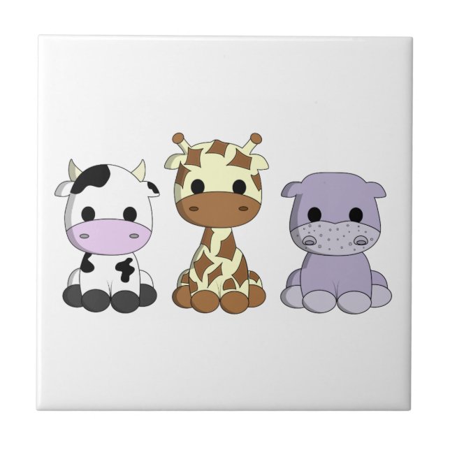 Cute cow giraffe hippo cartoon nursery tile (Front)