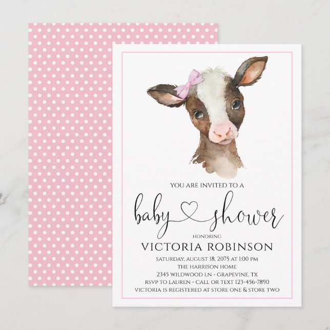 Cute Cow Girl Farm Baby Shower Invitations (Devant / Derrière)