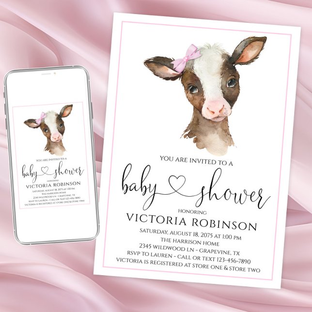 Cute Cow Girl Farm Baby Shower Invitations (Adorable cow baby shower invitations. Instant download and printed invitations available.)