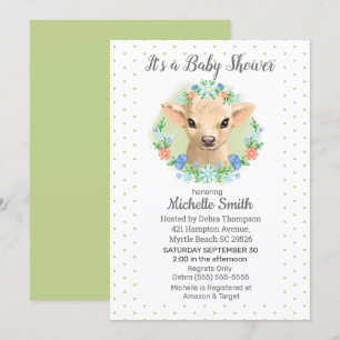 Cute Cow Green Neutral Floral Baby Shower Invitation