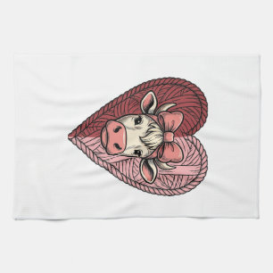 Cute Cow Heart Yarn Vintage Engraving Design_1 Kitchen Towel