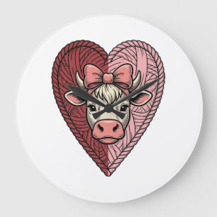 Cute Cow Heart Yarn Vintage Engraving Design_1 Large Clock