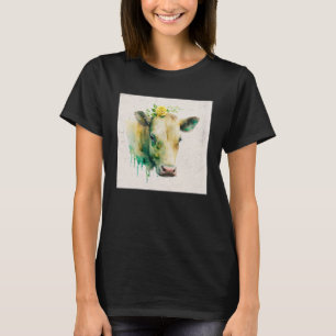 Cute Cow Illustration Flowers Laefy Green Women Me T-Shirt