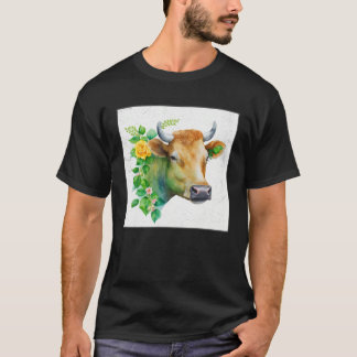 Cute Cow Illustration Flowers Laefy Green Women Me T-Shirt