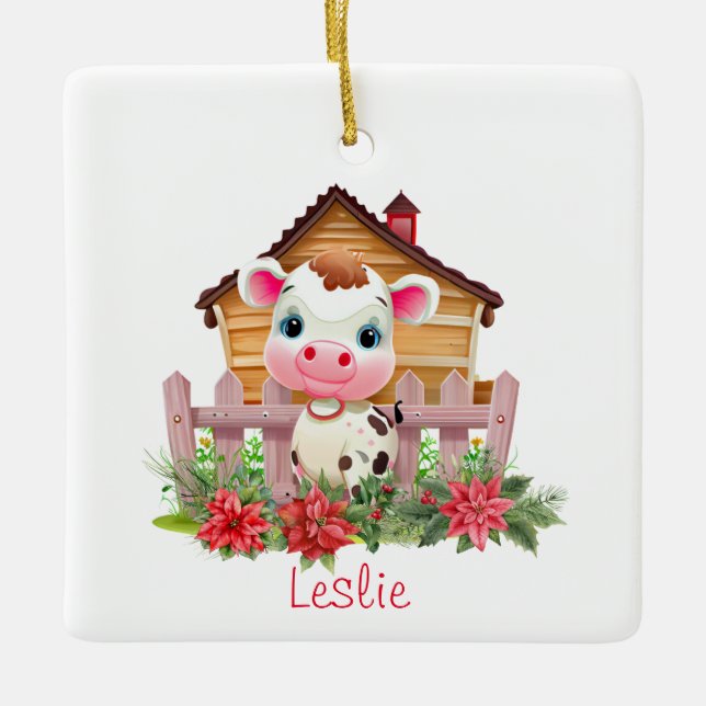 Cute Cow in a Barn Christmas Personalized Name Ceramic Ornament (Front)