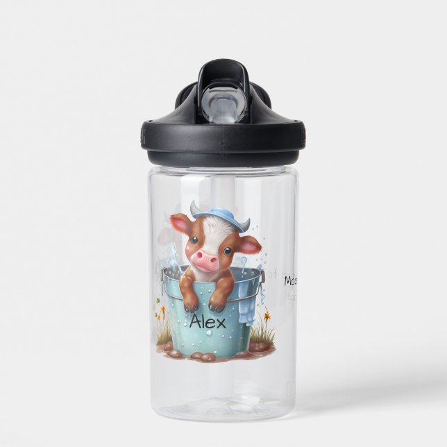 Cute Cow in a Bucket 1st Grade Name Personalized  Water Bottle (Front)