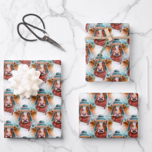 Cute Cow In A Toboggan Wrapping Paper Sheet (Front)