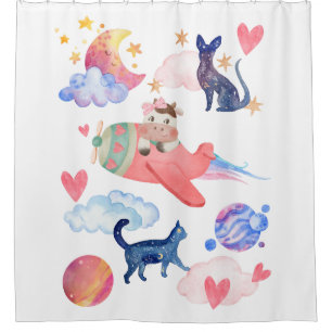 Cute Cow in Airplane,Space, Cats, Moon,Stars