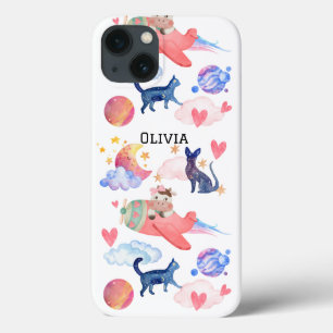Cute Cow in Airplane,Space, Cats, Moon,Stars iPhone 13 Case