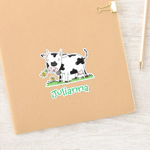 Cute cow in green field cartoon illustration