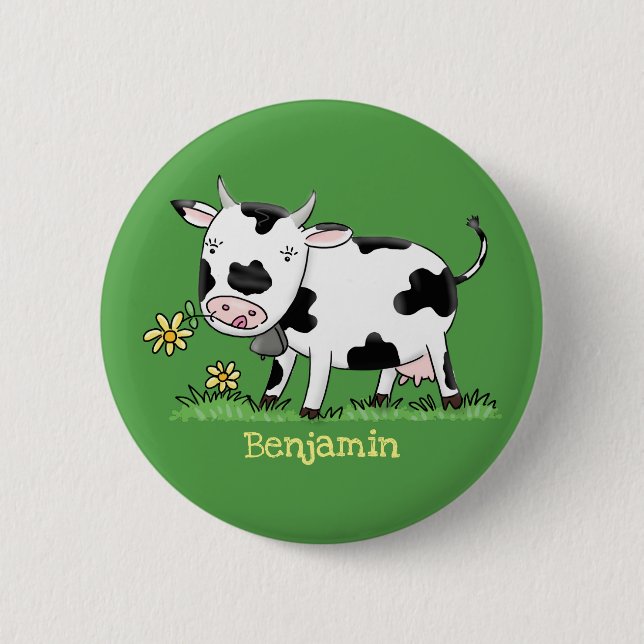 Cute cow in green field cartoon illustration 2 inch round button (Front)
