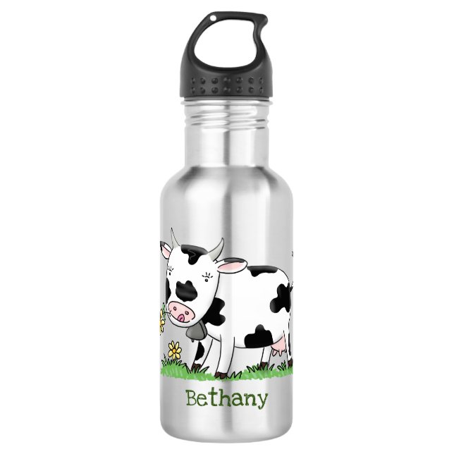 Cute cow in green field cartoon illustration 532 ml water bottle (Front)