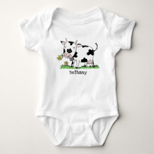 Cute cow in green field cartoon illustration baby bodysuit