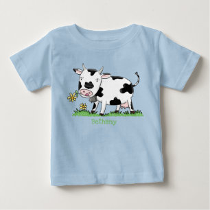Cute cow in green field cartoon illustration baby T-Shirt