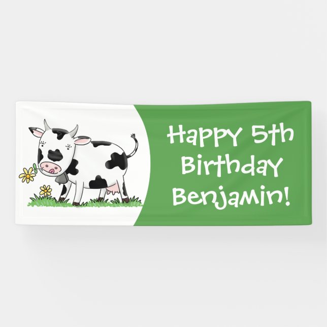 Cute cow in green field cartoon illustration banner (Horizontal)