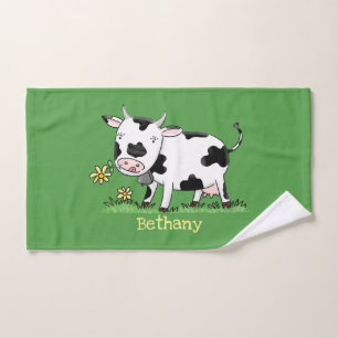 Cute cow in green field cartoon illustration bath towel set