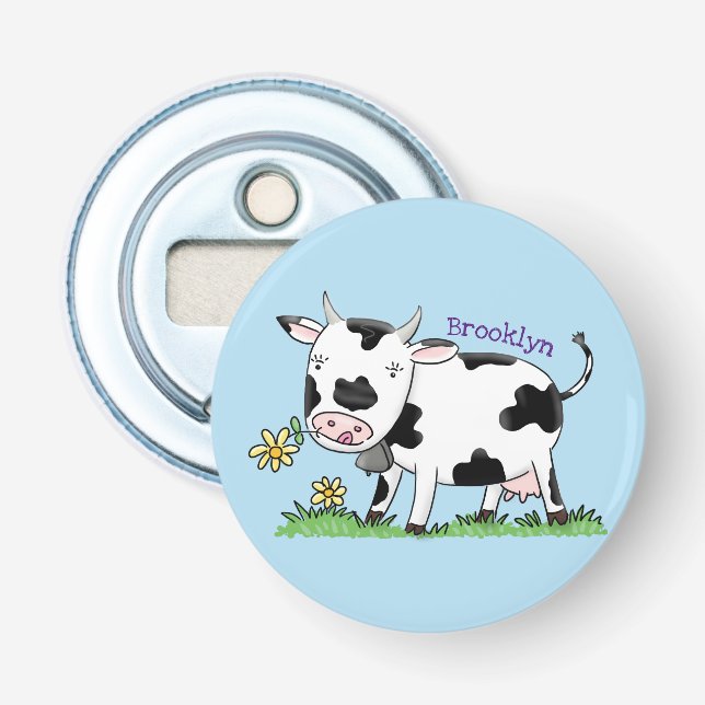 Cute cow in green field cartoon illustration bottle opener (Front)