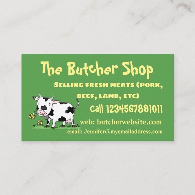 Cute cow in green field cartoon illustration business card (Front)