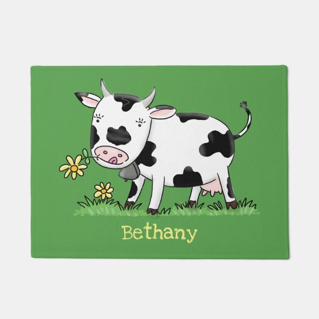 Cute cow in green field cartoon illustration doormat (Front)