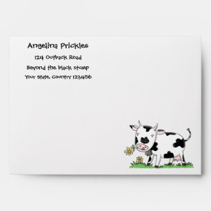 Cute cow in green field cartoon illustration envelope