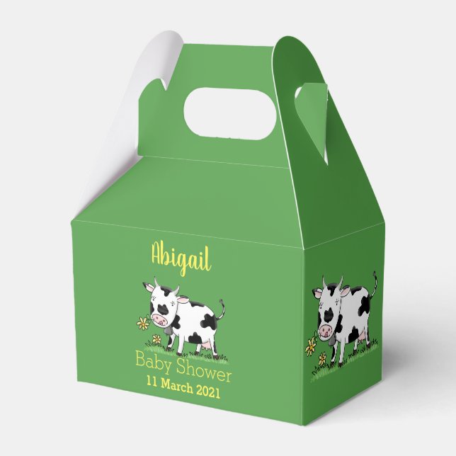 Cute cow in green field cartoon illustration favor box (Front Side)