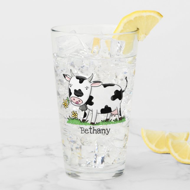 Cute cow in green field cartoon illustration glass (Back Ice)