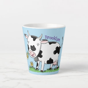 Cute cow in green field cartoon illustration latte mug