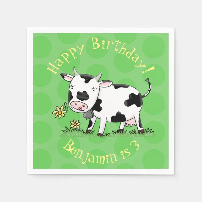 Cute cow in green field cartoon illustration napkin (Front)