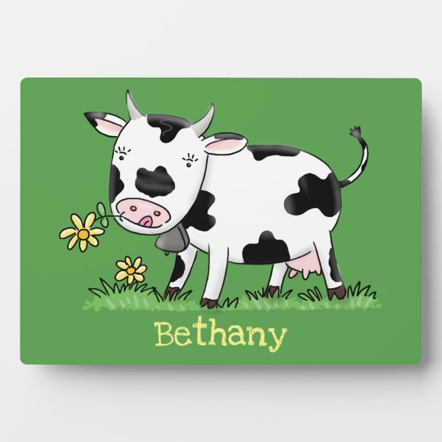 Cute cow in green field cartoon illustration plaque (Front)