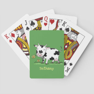 Cute cow in green field cartoon illustration playing cards