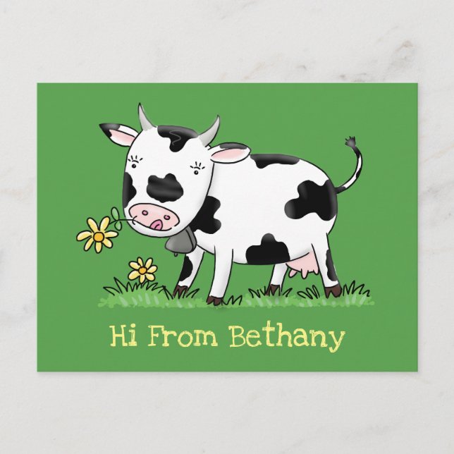 Cute cow in green field cartoon illustration postcard (Front)