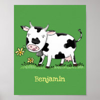 Cute cow in green field cartoon illustration