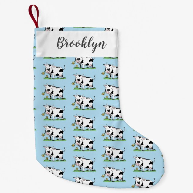Cute cow in green field cartoon illustration small christmas stocking (Front)