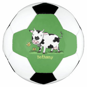 Cute cow in green field cartoon illustration soccer ball